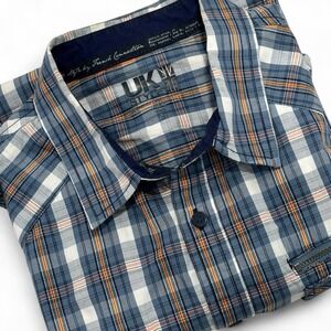 UK Style French Connection Button Shirt Men Small‎ Blue Orange Plaid Long Sleeve